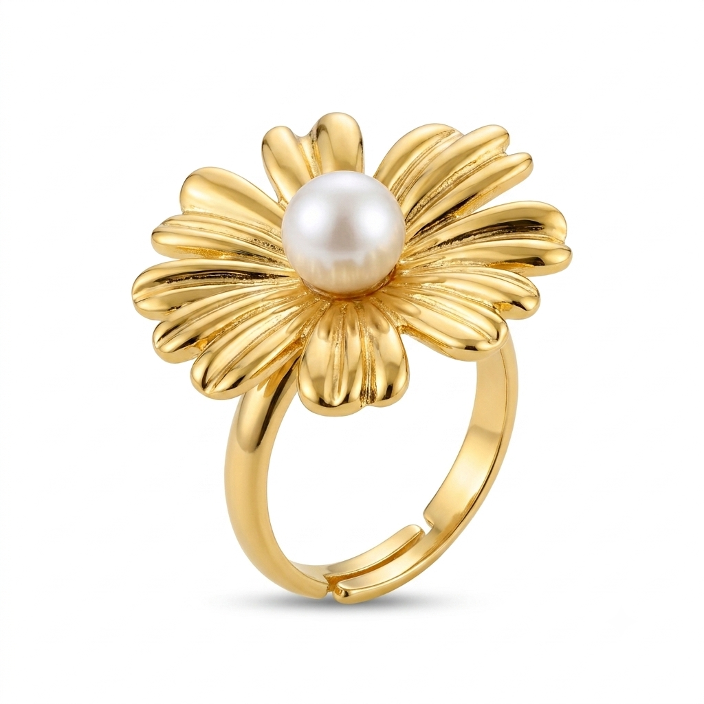 Golden Daisy Pearl Ring